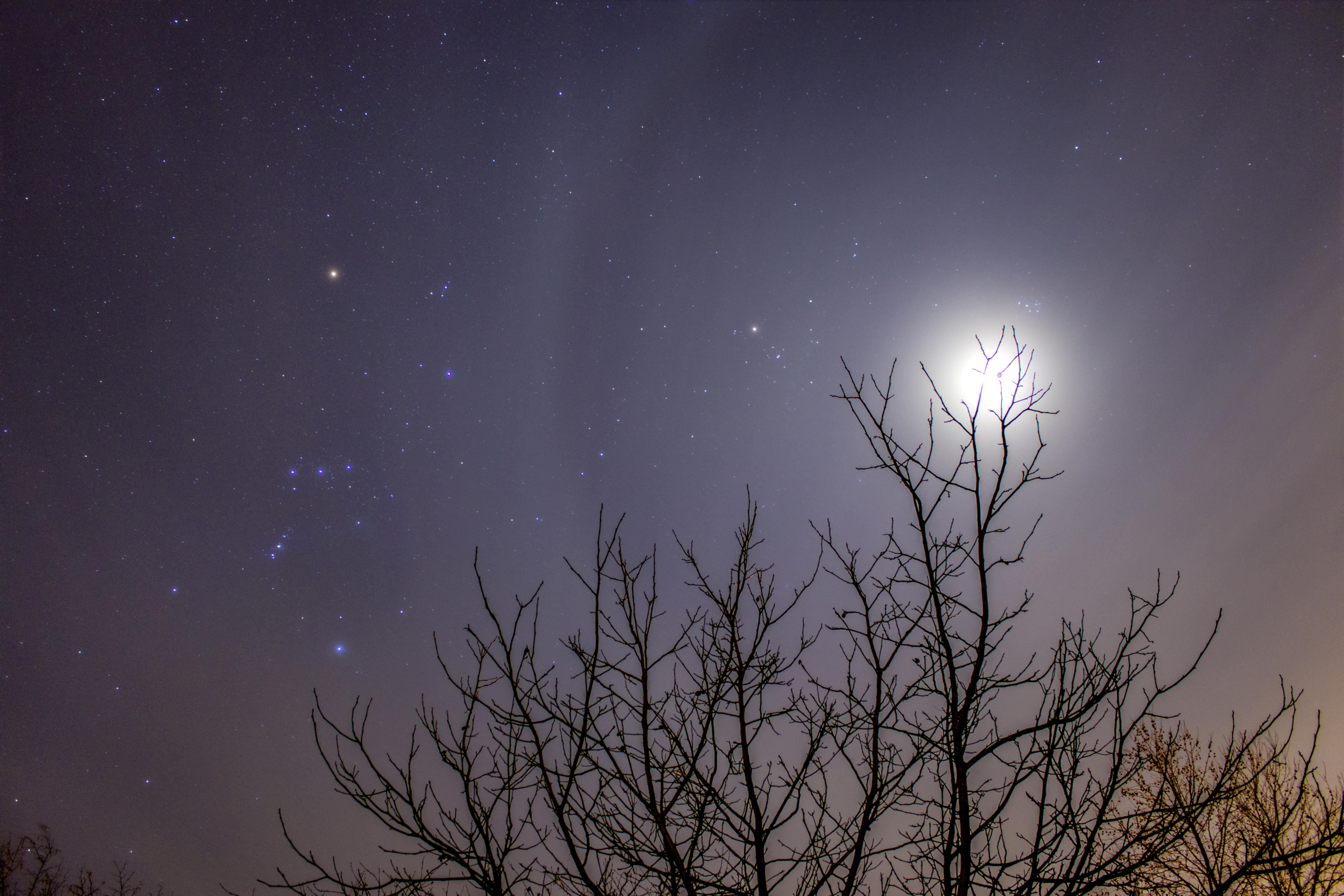 A téli csillagképek, holdhalóval