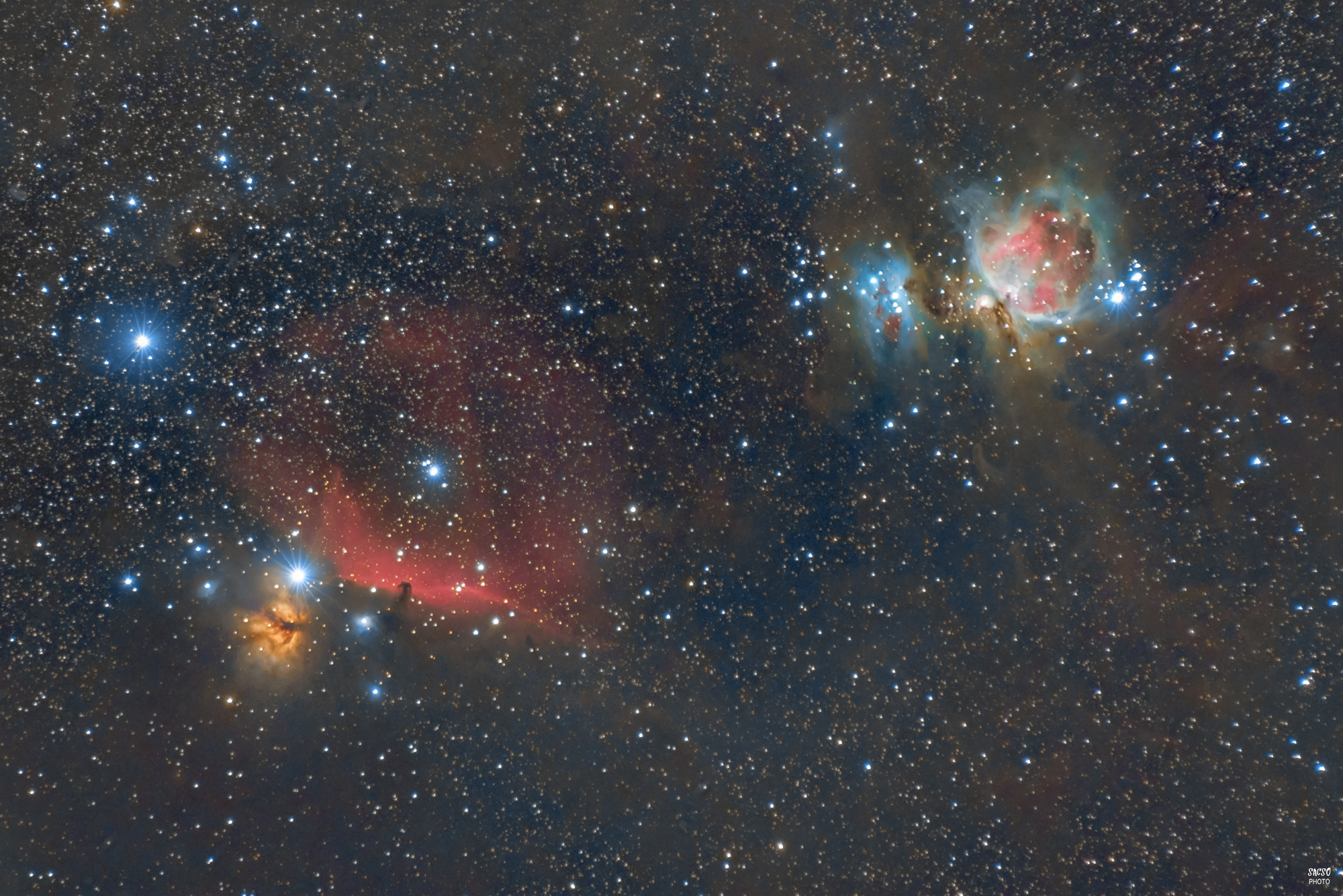 A Láng-köd, a Lófej-köd, az Orion-köd és az NGC 1977 (avagy a Futó ember-köd)