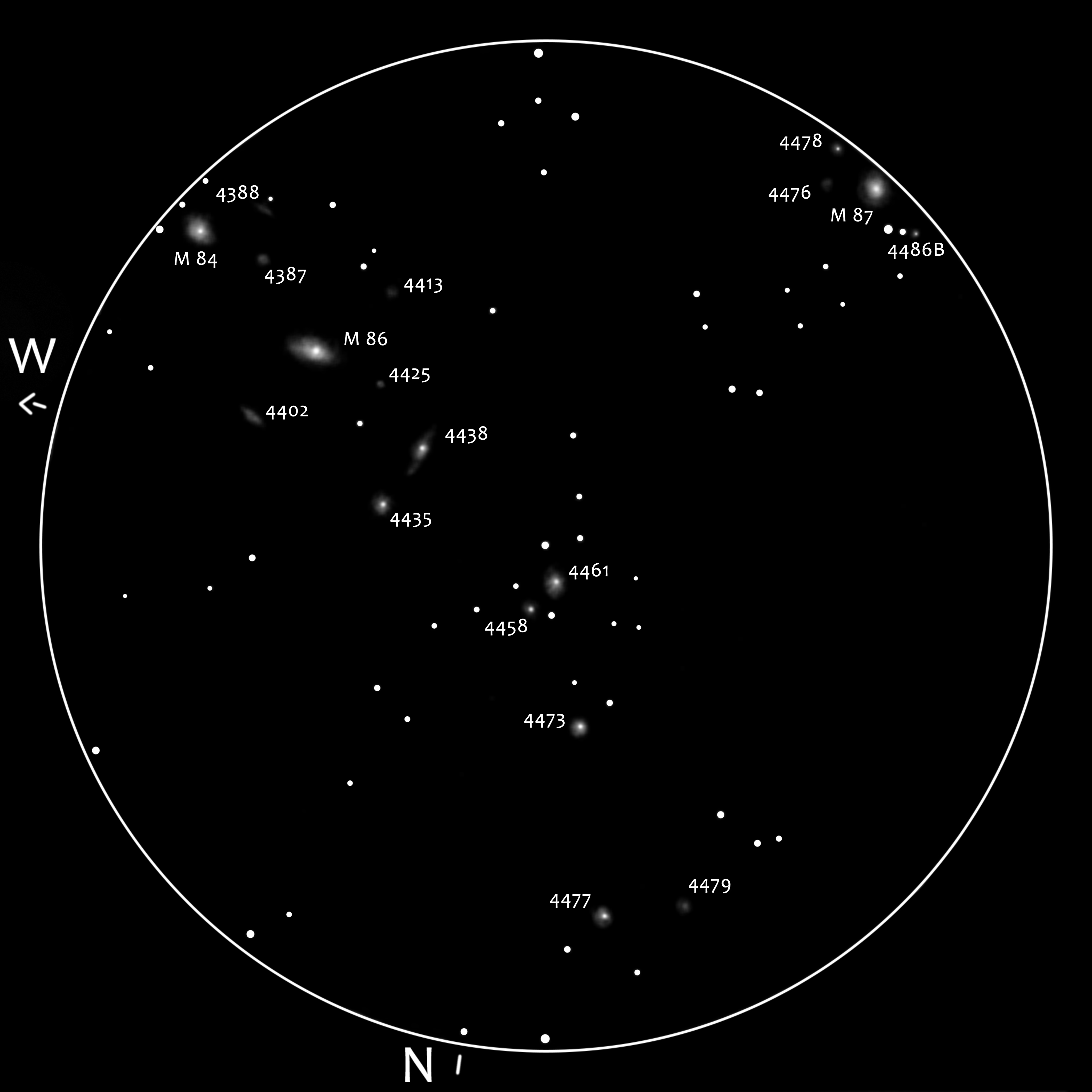 M84, M86, M87, NGC 4387, NGC 4388, NGC 4402, NGC 4413, NGC 4425, NGC 4435, NGC 4438, NGC 4458, NGC 4461, NGC 4473, NGC 4476, NGC 4477, NGC 4478, NGC 4479, NGC 4486B