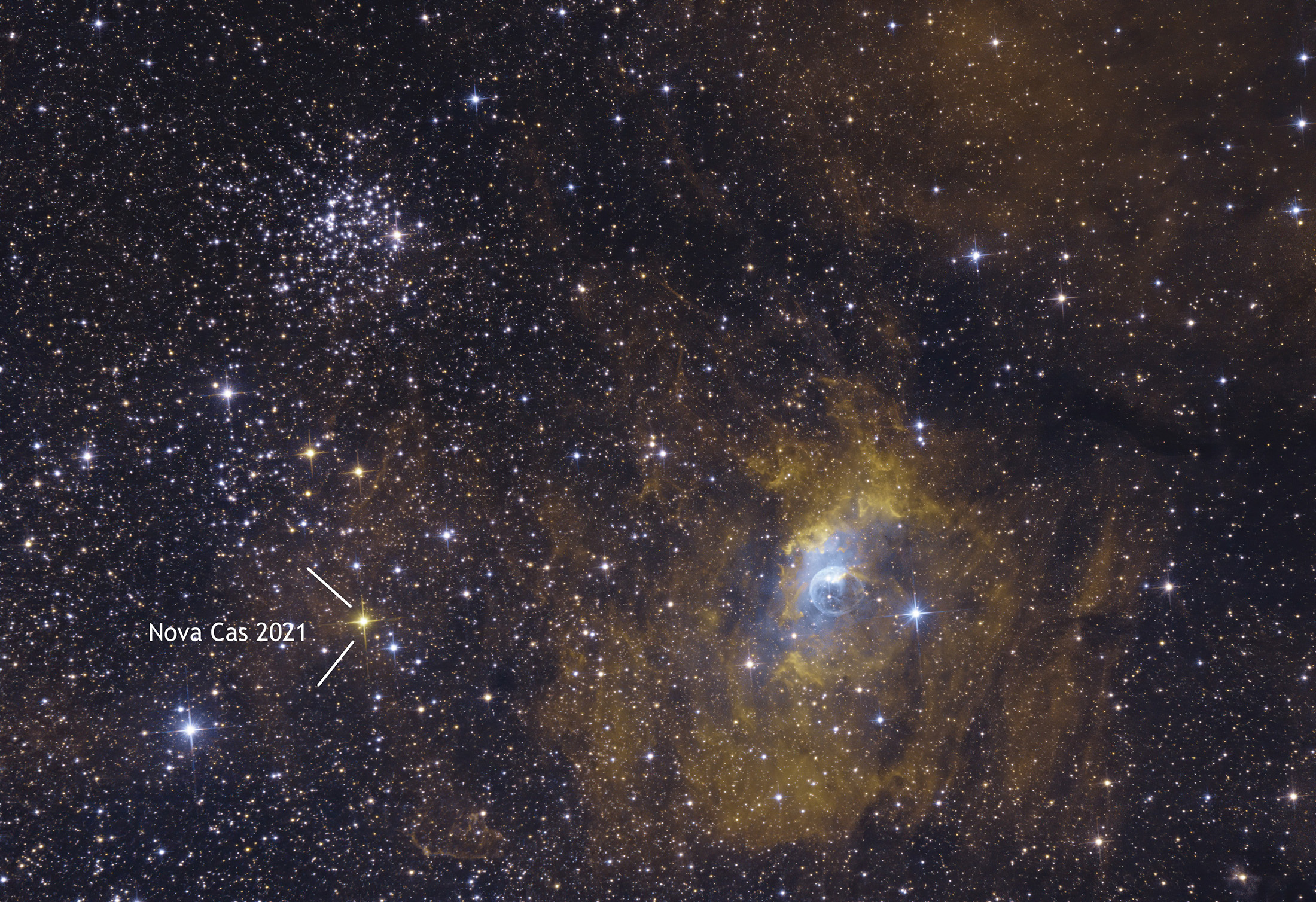 NGC 7635 Buborék-köd, M52 és Nova Cas 2021